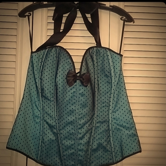 Teal and Black Satin and Lace Corset - Picture 1 of 5